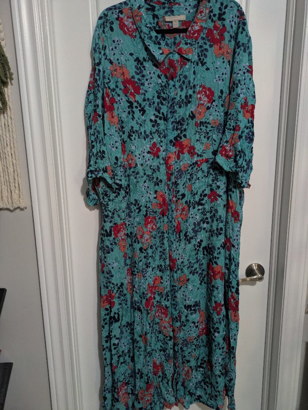 Woman Within Maxi Full Button Up 3/4 Sleeve Teal Floral Plus Sized Dress (30W)